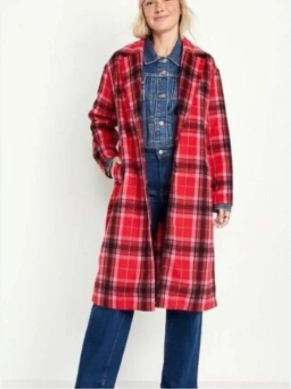 Old Navy Soft-Brushed Tartan Plaid Long Trench Coat - Small